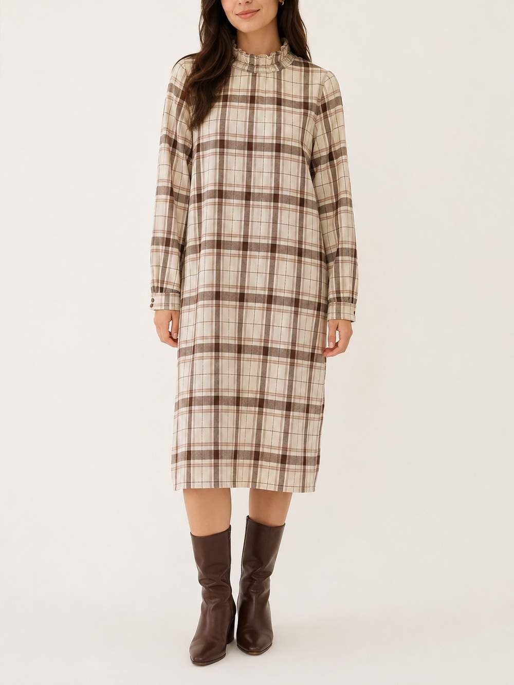 Sézane Plaid Ruffle Neck Long Sleeve Dress in Cream and Brown
